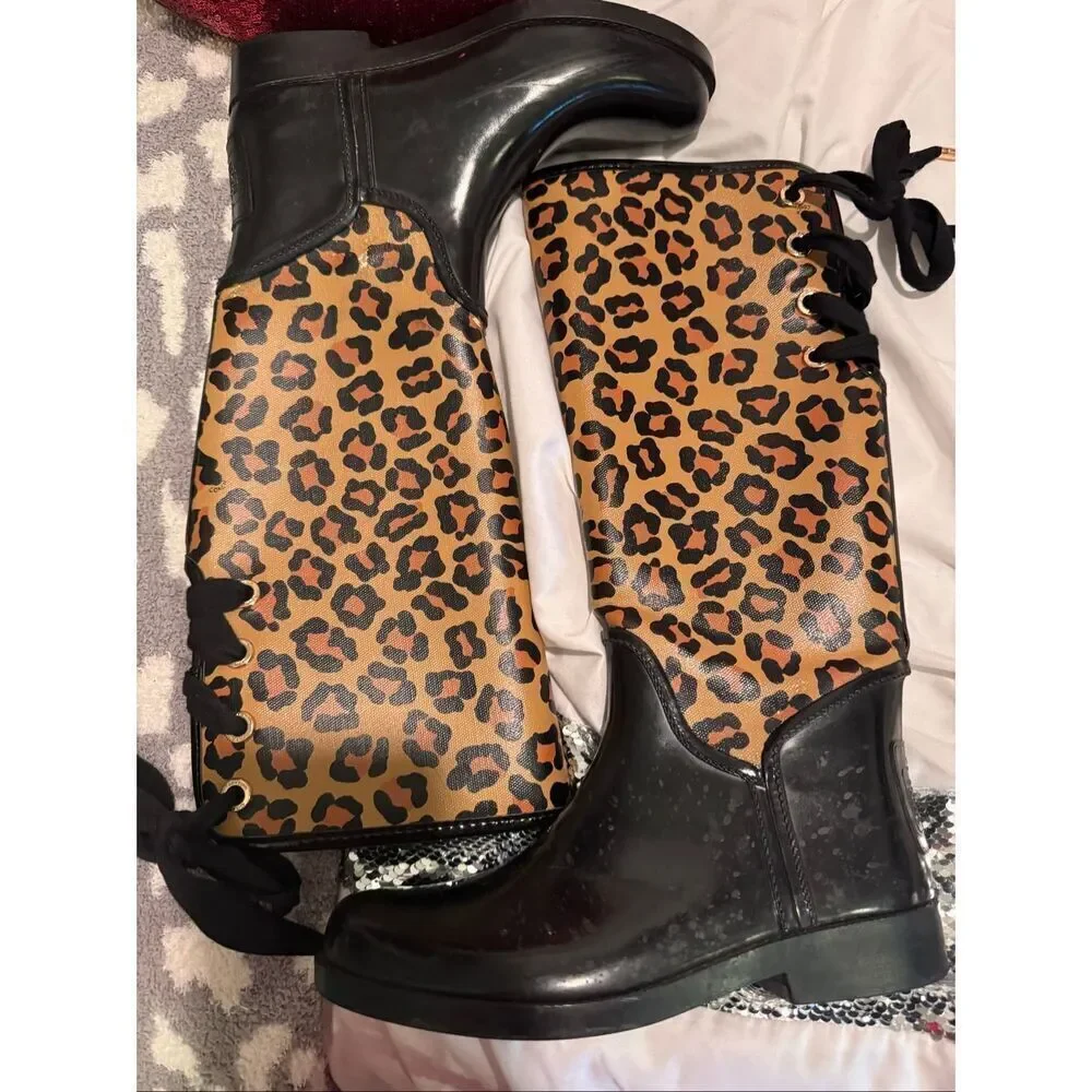 Sz 7.5/38 EUR Coach tristee lace up leopard animal print rain snow boots